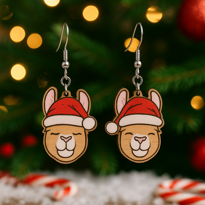 Holiday Llama Wood Earrings – Festive Santa Hat Christmas Jewelry