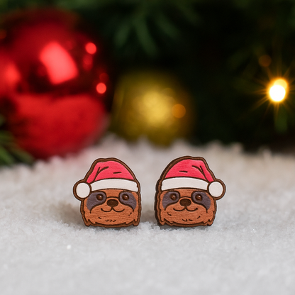 Santa Sloth Wooden Stud Earrings – Handmade Hypoallergenic Holiday Jewelry