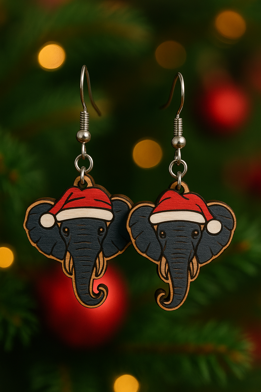 Festive Elephant Earrings – Handcrafted Wooden Christmas Jewelry
