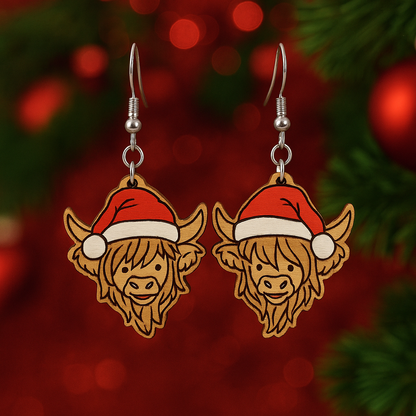 Holiday Highland Cow Earrings – Handcrafted Wooden Christmas Jewel
