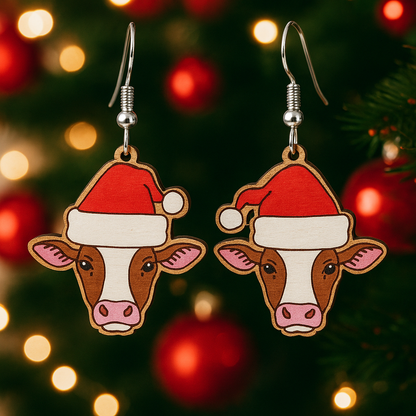 Christmas Cow Earrings – Handcrafted Wooden Holiday Jewelry