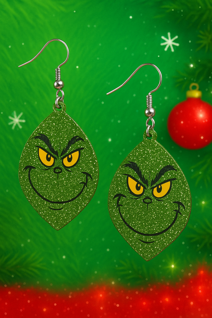 Grinch Face Glitter Earrings – Sparkly Green Holiday Dangle Jewelry