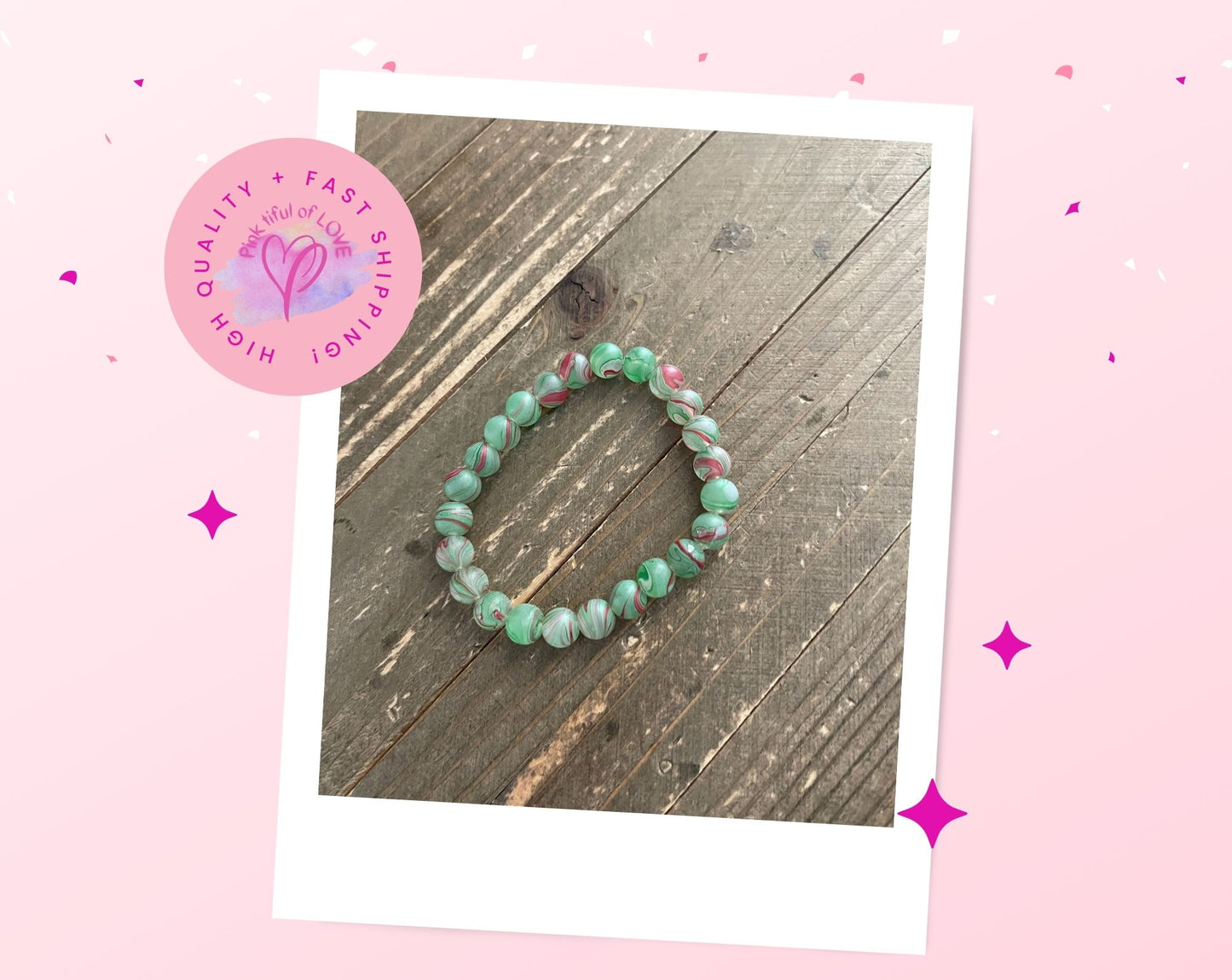 Green with red swirl glass Beaded  Elastic/Stretch BraceletPink tiful of LOVE