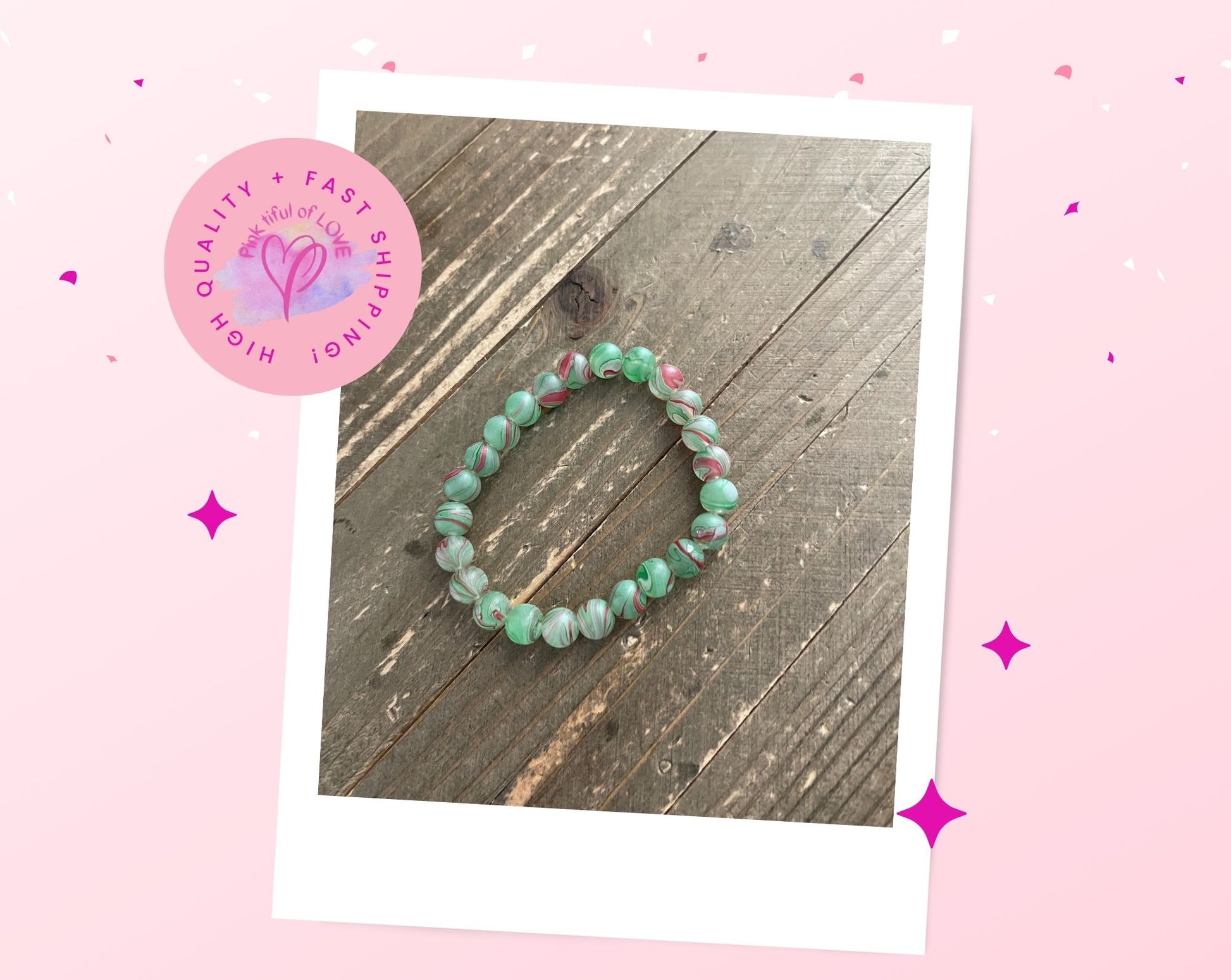Green with red swirl glass Beaded  Elastic/Stretch BraceletPink tiful of LOVE