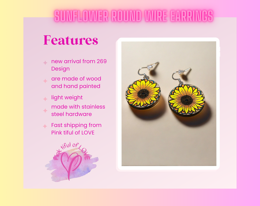 Round white Oak Sunflower Wooden wire EarringsPink tiful of LOVE