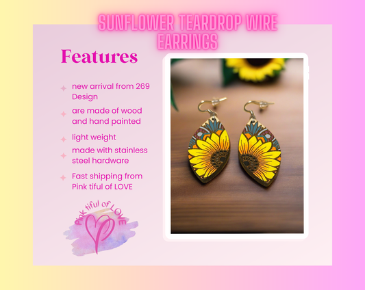 Teardrop Maple Fancy Sunflower Wooden wire EarringsPink tiful of LOVE