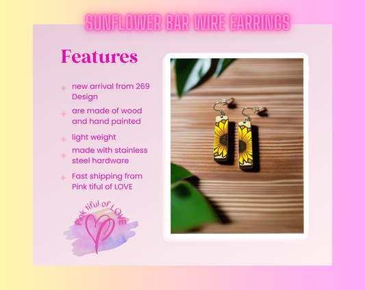 Bar Shaped Maple Sunflower Wooden wire EarringsPink tiful of LOVE