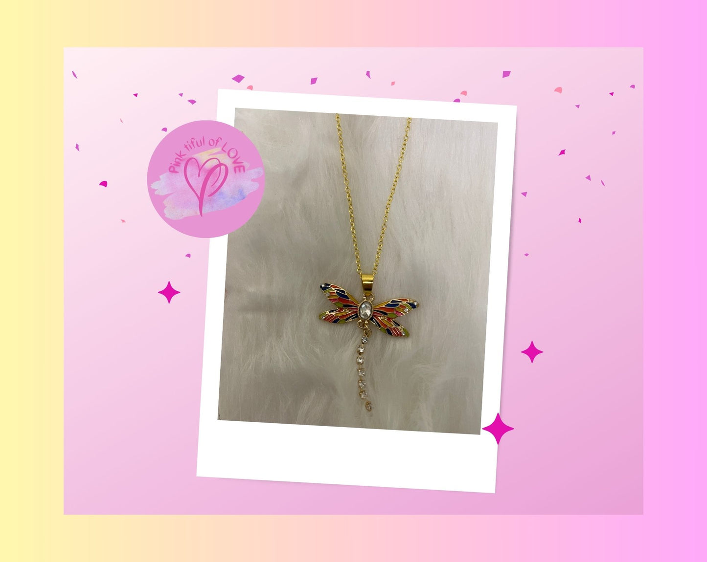 Dragonfly Rhinestone Pendant on a gold chain NecklacePink tiful of LOVE