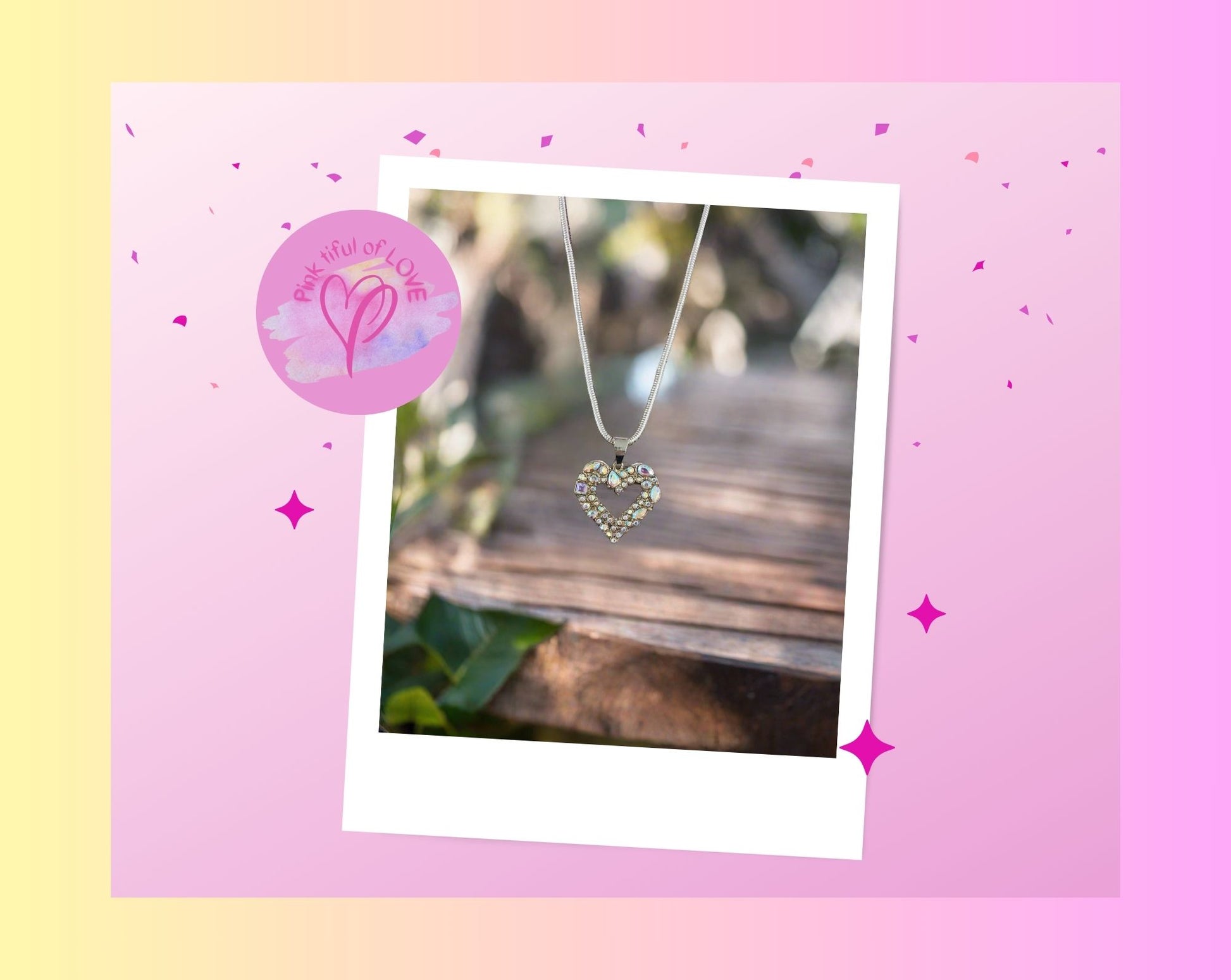 Iridescent Rhinestone Heart Pendant on a Silver chain NecklacePink tiful of LOVE