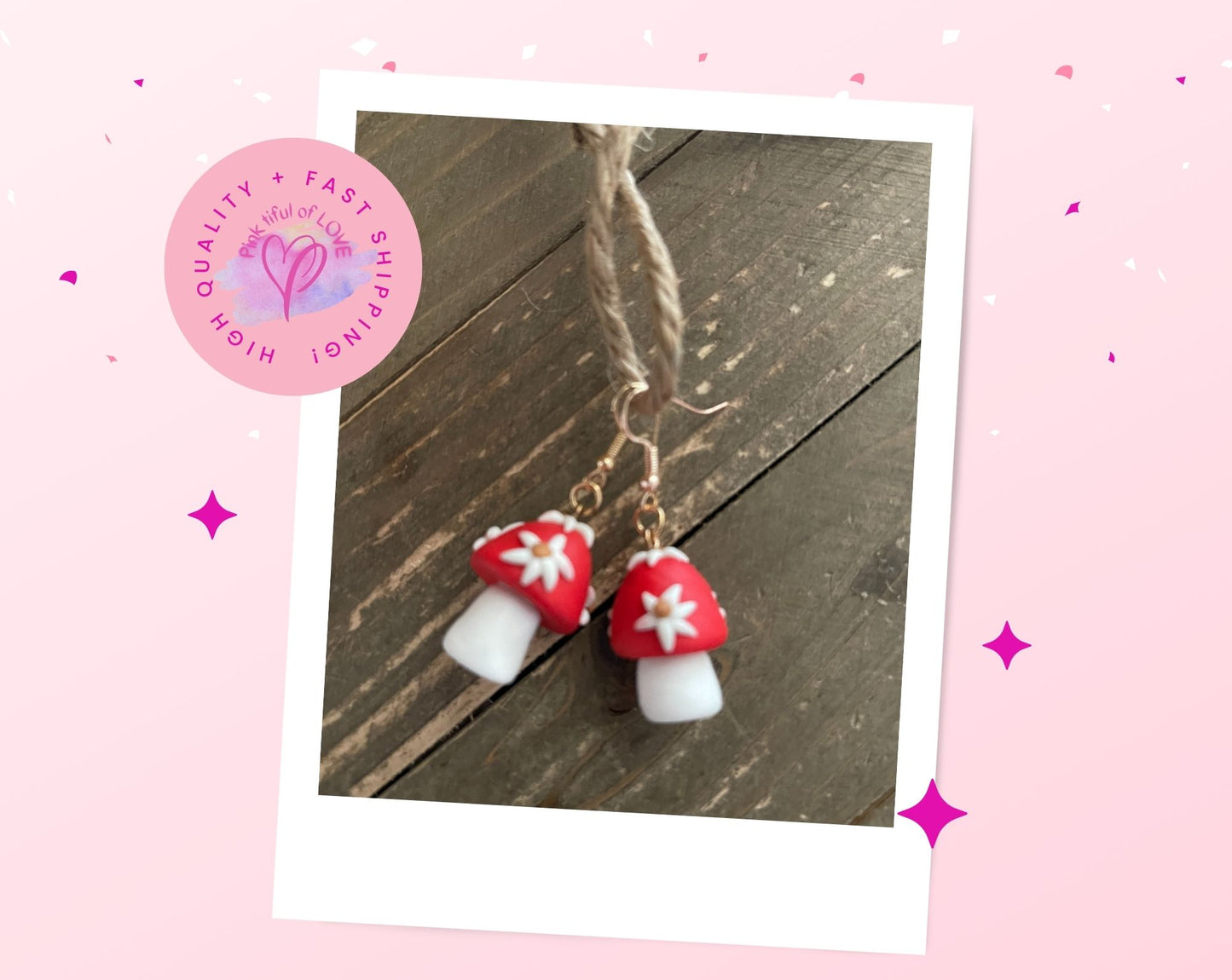 Mushroom Charm Wire earringsPink tiful of LOVE
