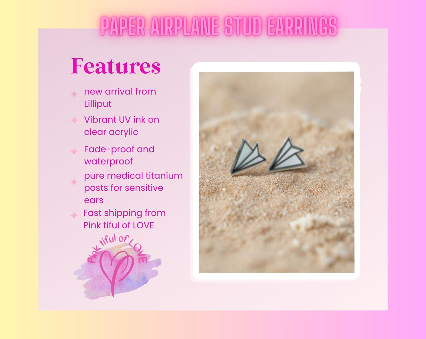 Paper Airplane Stud EarringsPink tiful of LOVE