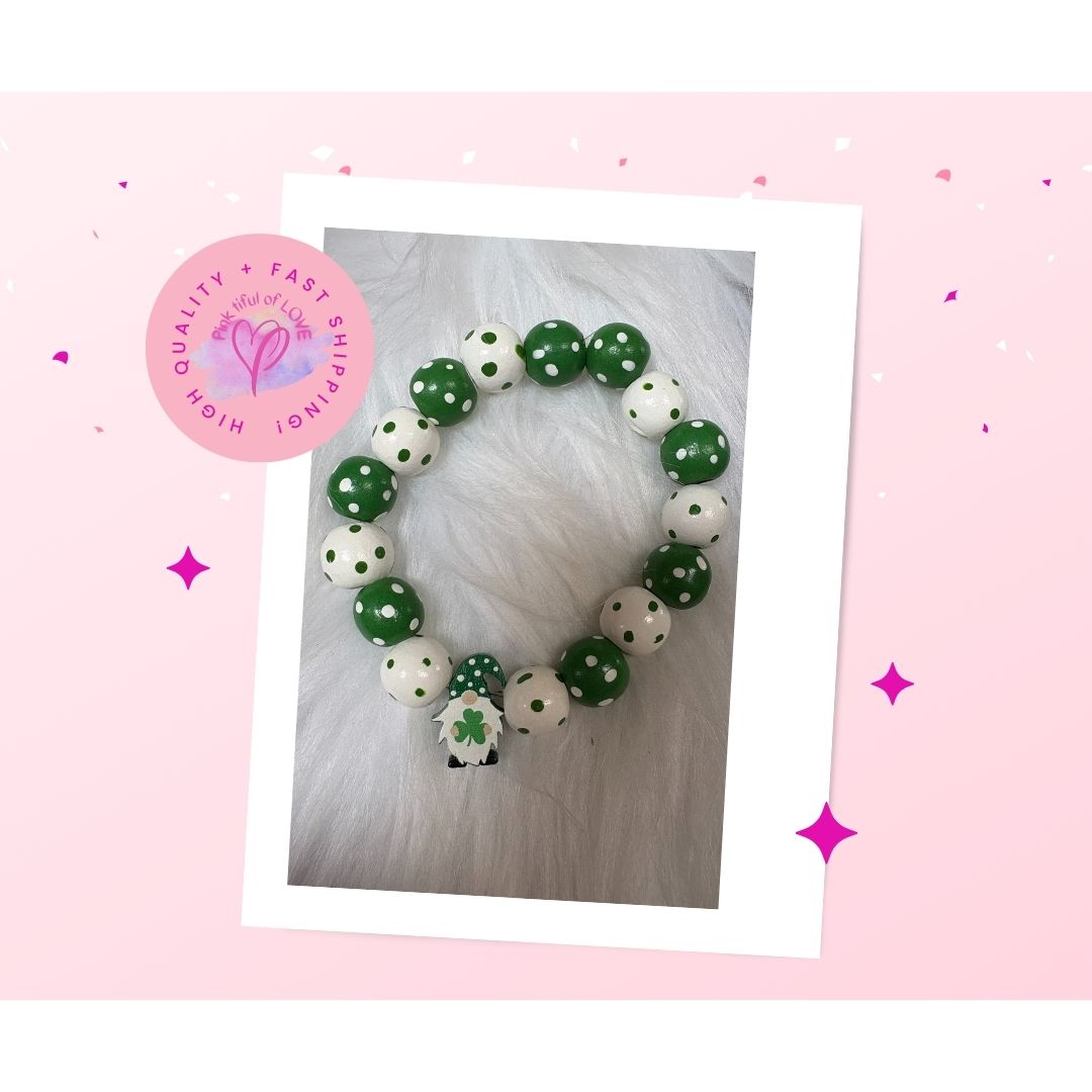 St. Patrick's Day Wooden Round Polka Dot Beaded Elastic/Stretch Bracelet