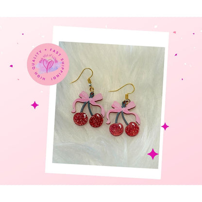 Cherry and Pink Ribbon Wire Earrings (Copy)