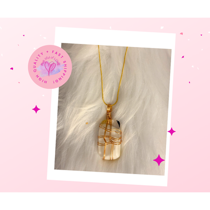 Fused Glass Wire Wrapped-white, gold, Black rectangular Shaped Pendant on a gold Chain Necklace (Copy)