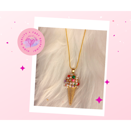 Ice Cream Rhinestone and Plastic Pearl Pendant on a Gold chain Necklace