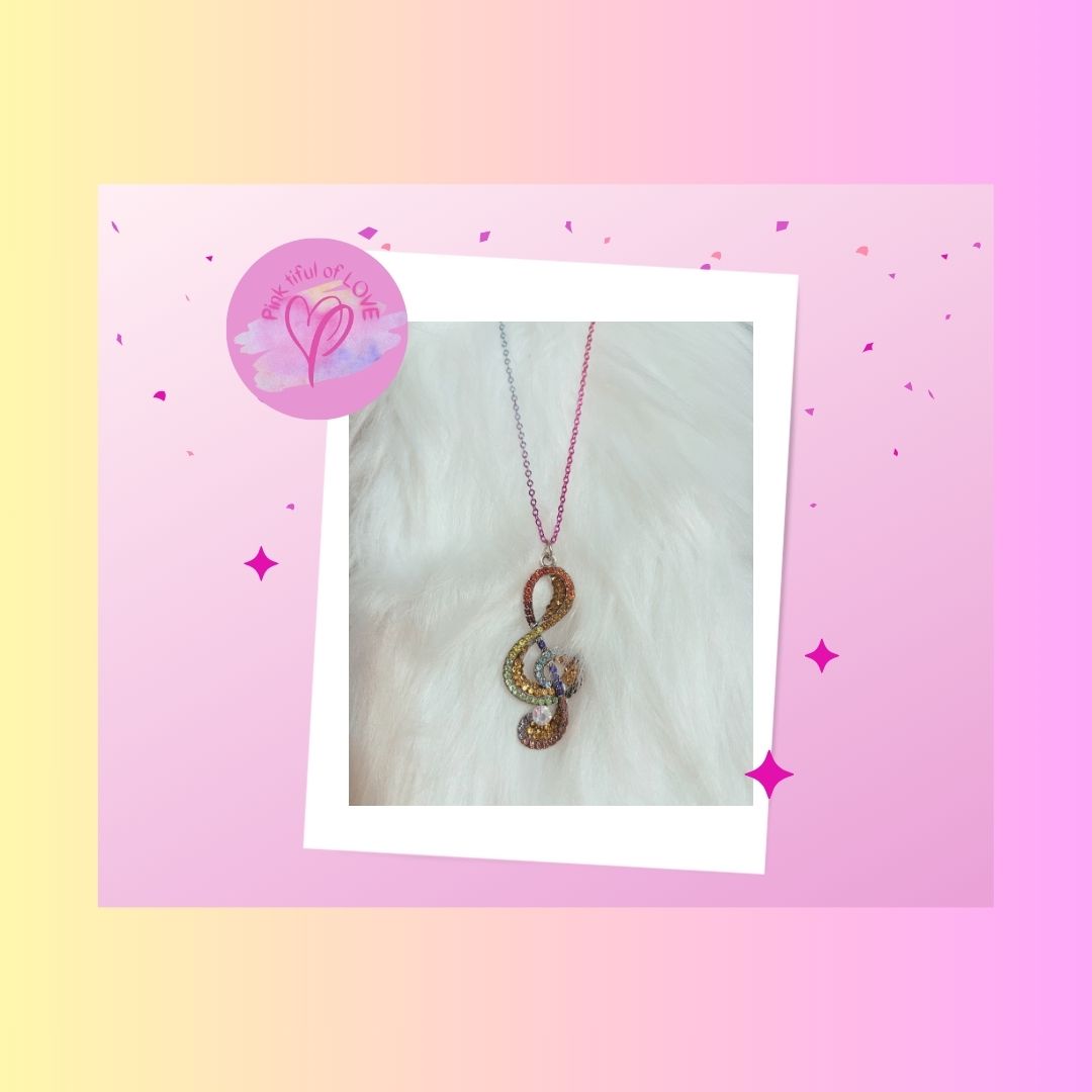 Rainbow Treble Clef (Music Note) Rhinestone Pendant on a Multi-color chain NecklacePink tiful of LOVE