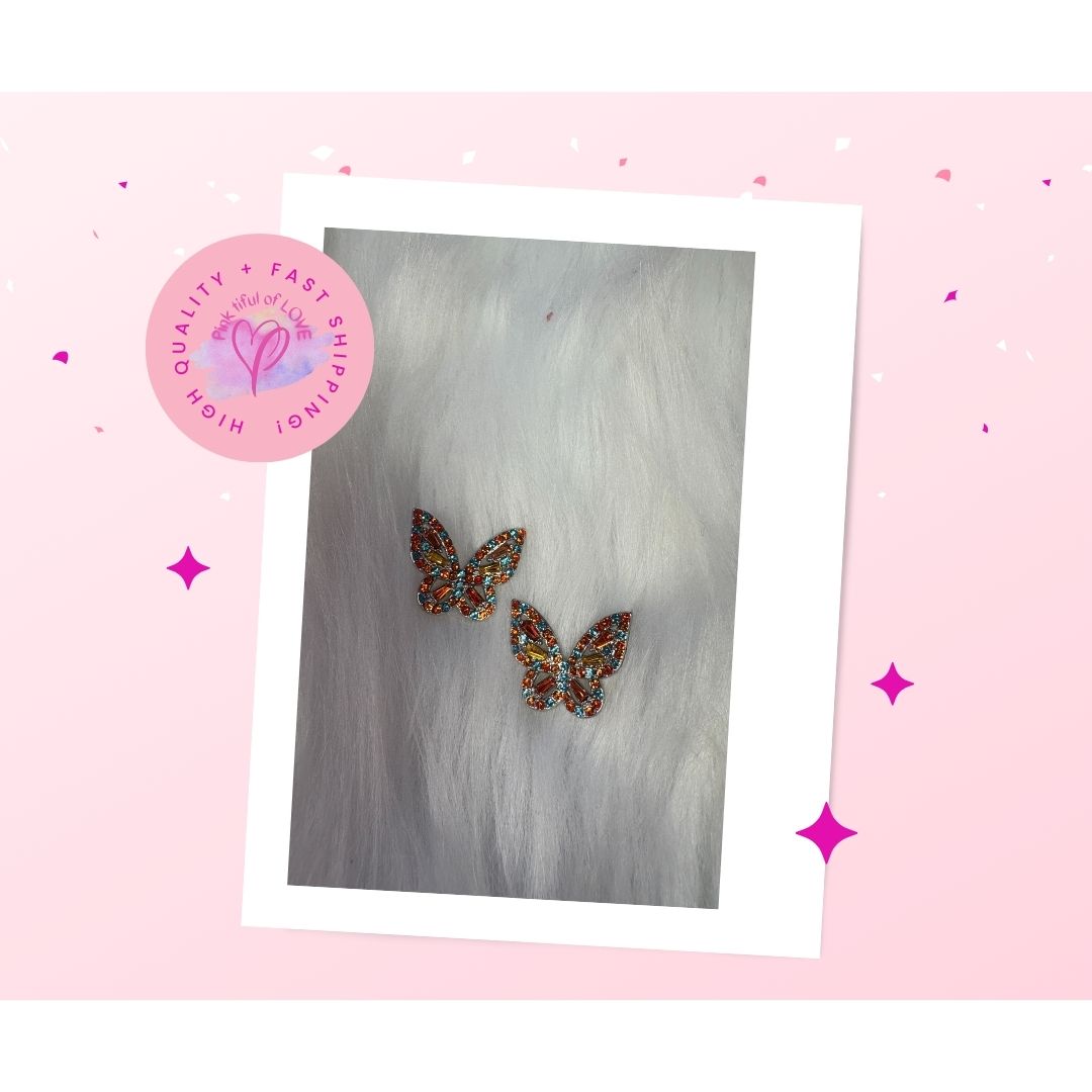 Orange, Blue Yellow Rhinestone Butterfly Stud Earrings