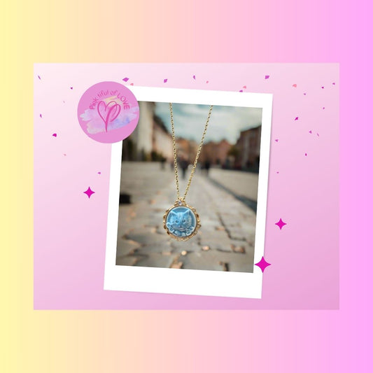 Blue Kitten Face Cameo Pendant on a Gold Chain NecklacePink tiful of LOVE