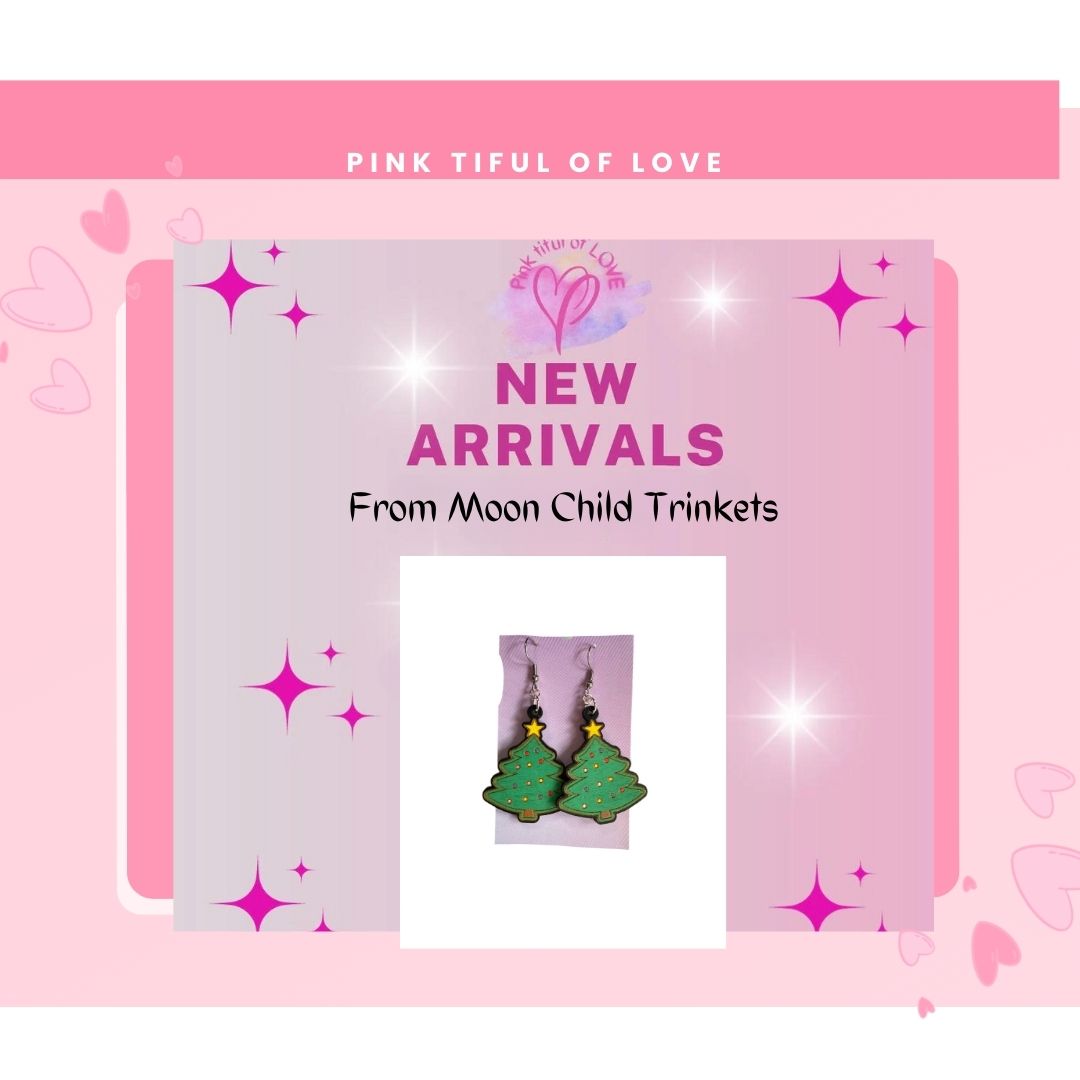 Christmas Tree Hand Painted Wooden Wire EarringsPink tiful of LOVE