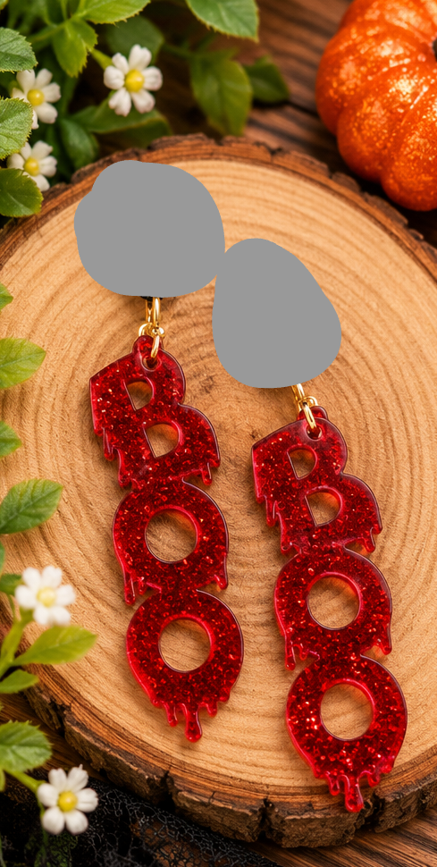 BOO Blood Red Glitter Acrylic Halloween Wire Earrings