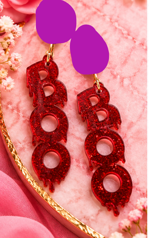 BOO Blood Red Glitter Acrylic Halloween Wire Earrings