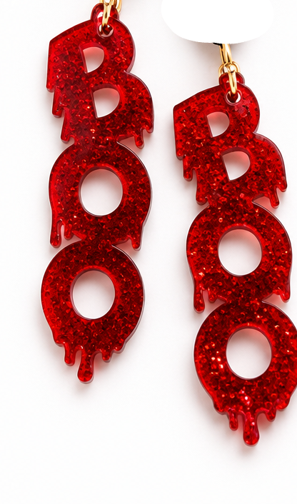 BOO Blood Red Glitter Acrylic Halloween Wire Earrings