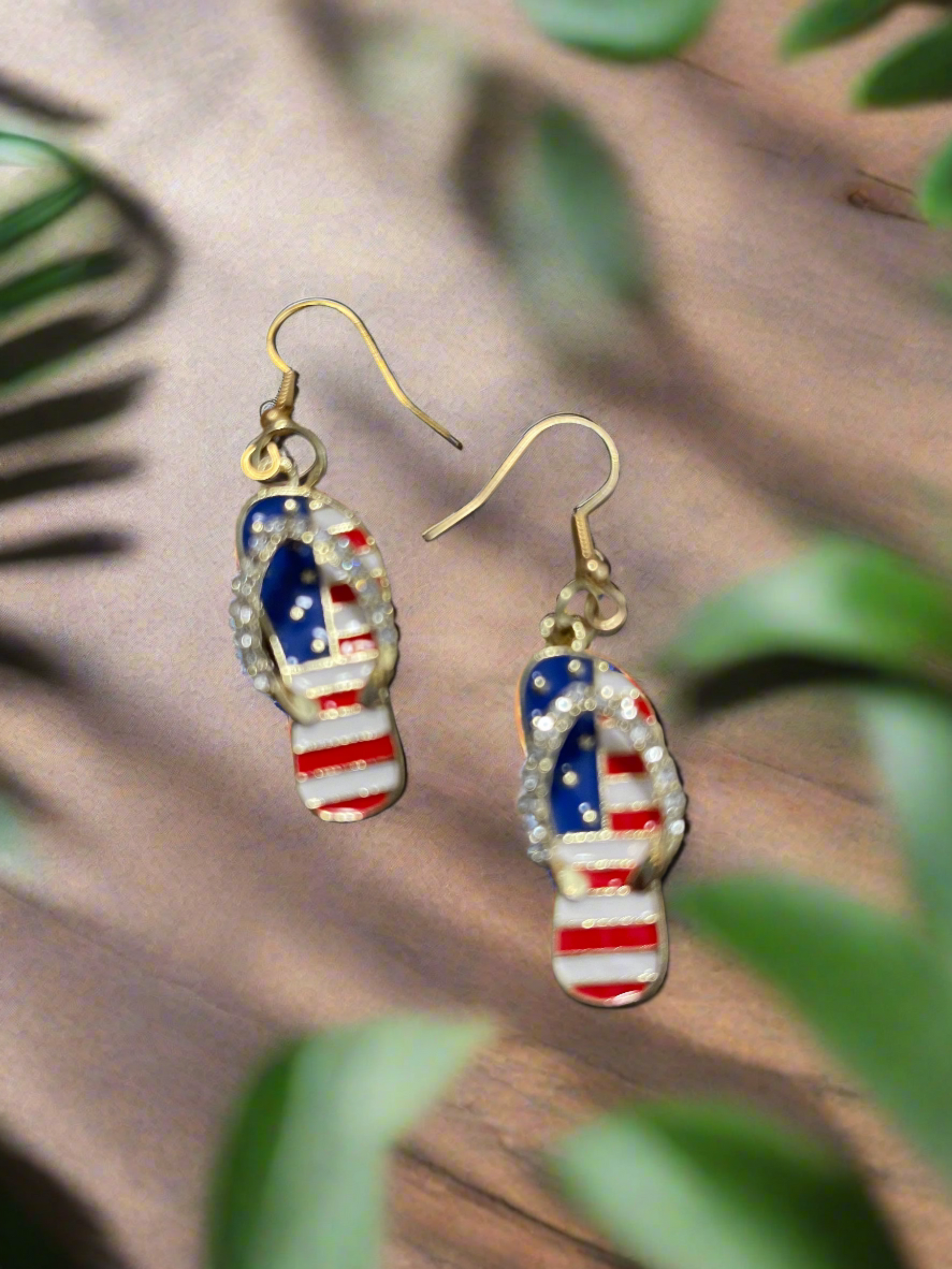 Patriotic Flip Flops Gold &amp; Rhinestone Charm Wire EarringsPink tiful of LOVE