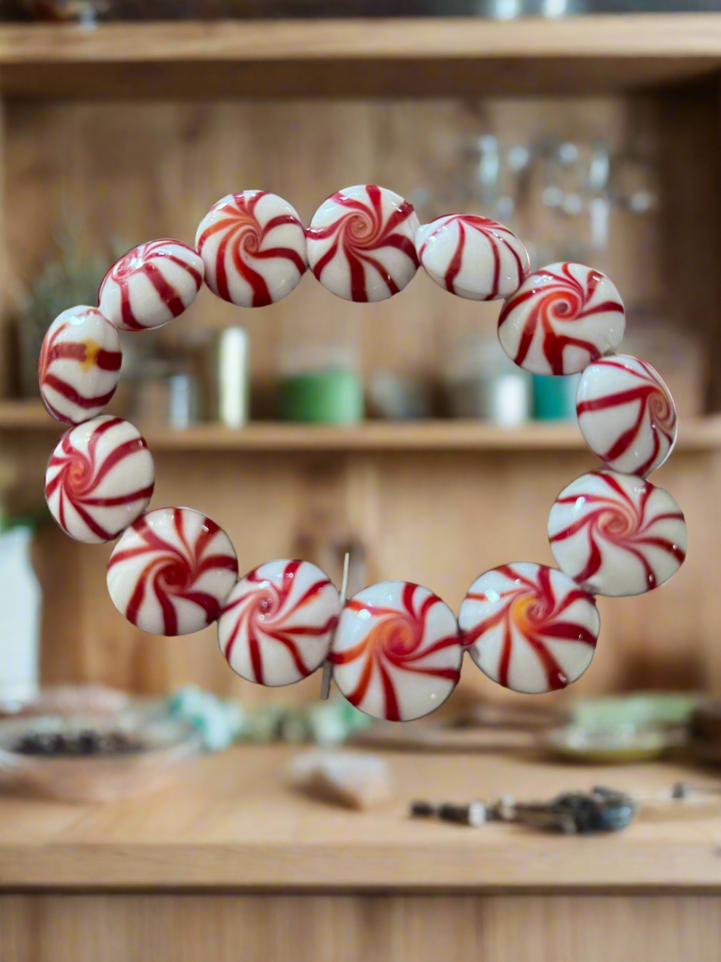 Red and White Mint Candy Glass Beaded Elastic/Stretch BraceletPink tiful of LOVE