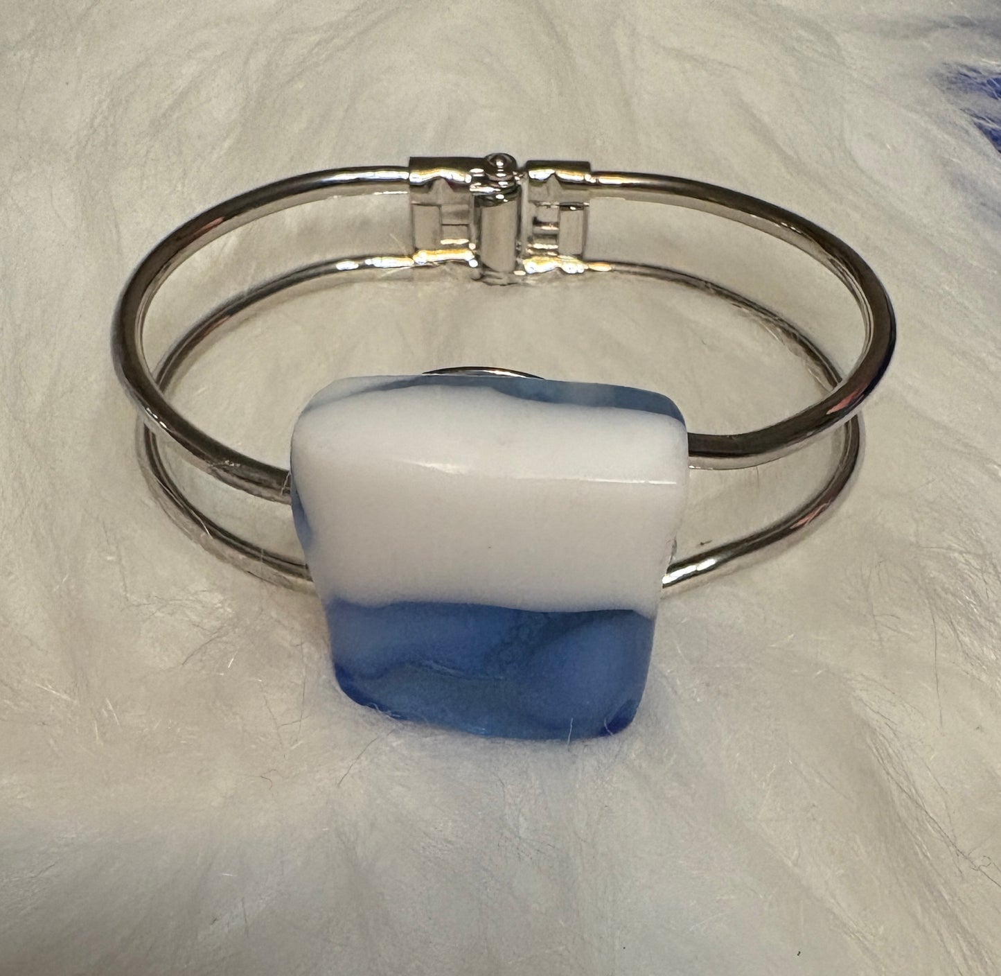 Fused Glass White & Blue square Silver Bracelet