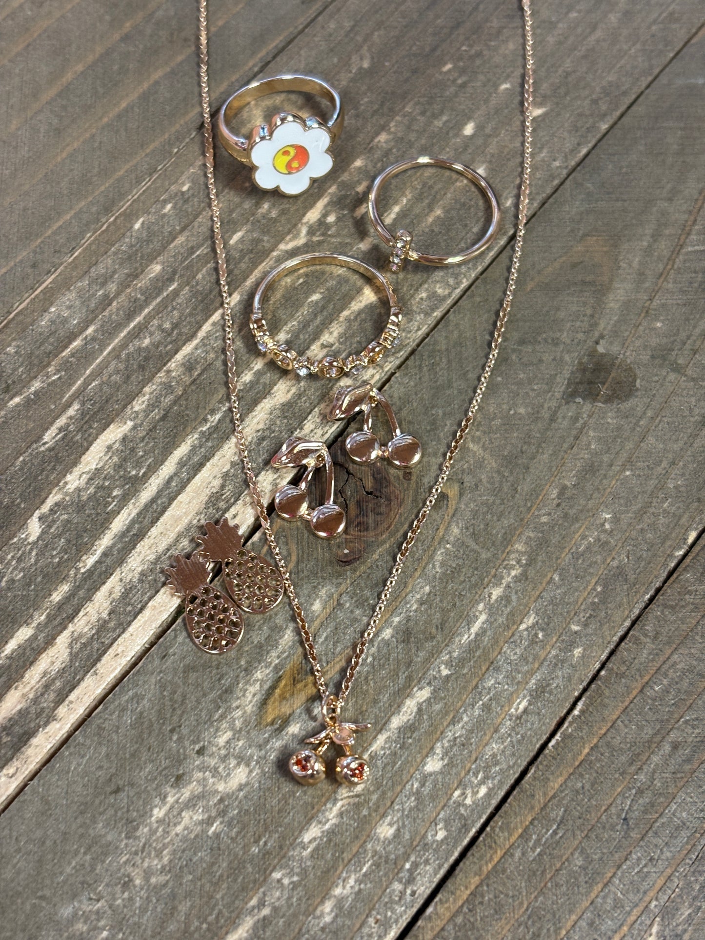 Golden Fruit & Flower Jewelry Bundle – Necklace, Earrings & Rings Set