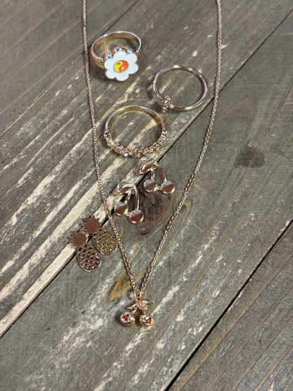 Golden Fruit & Flower Jewelry Bundle – Necklace, Earrings & Rings Set