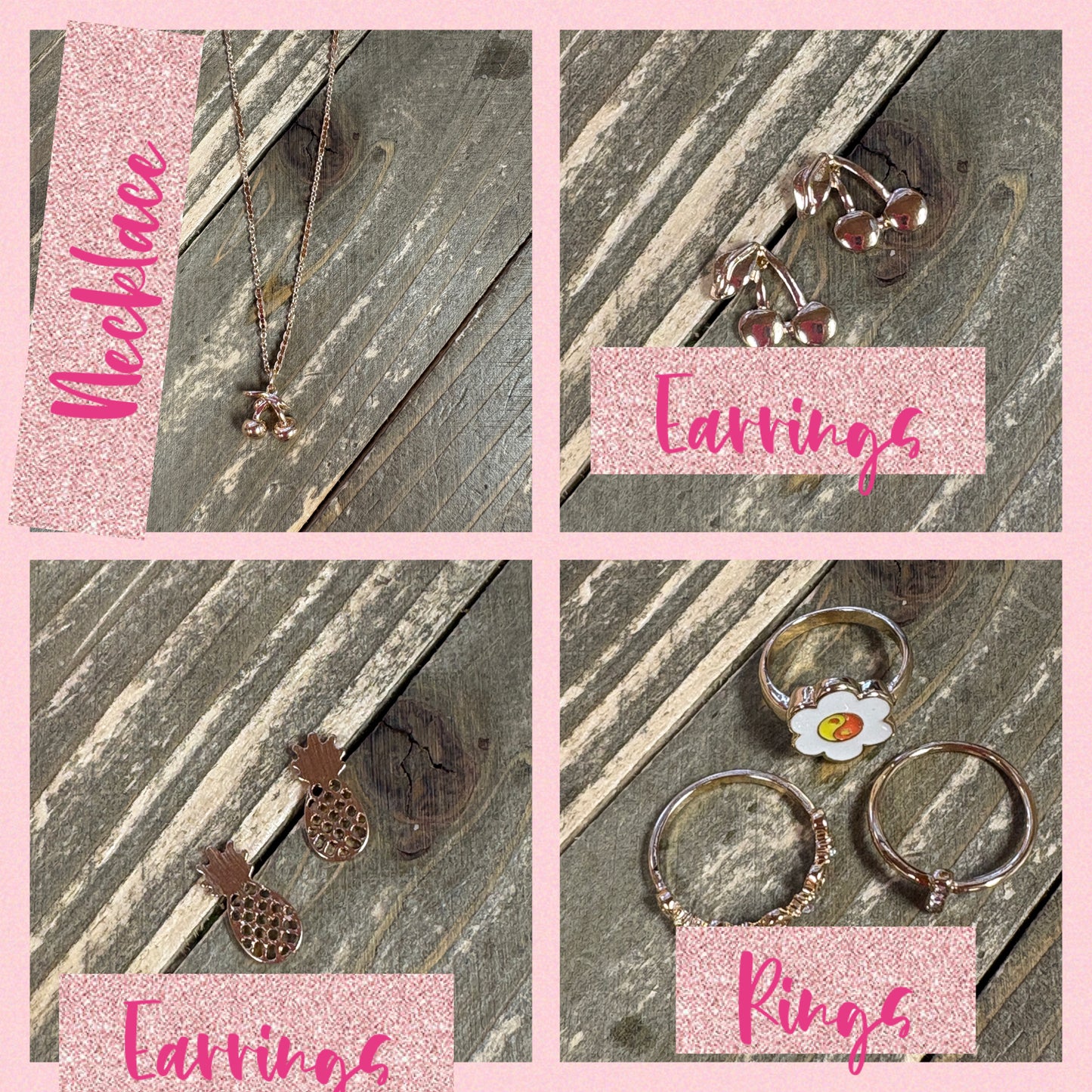 Golden Fruit & Flower Jewelry Bundle – Necklace, Earrings & Rings Set