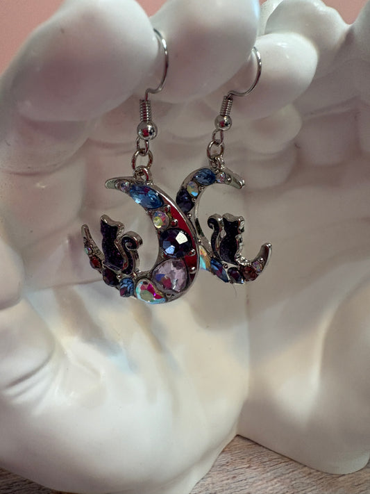 Celestial Cat & Moon Gemstone Earrings