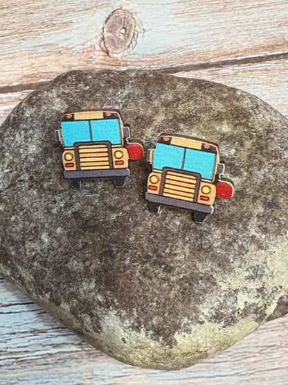 Front View School Bus Wooden Earrings