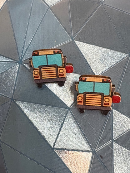 Front View School Bus Wooden Earrings
