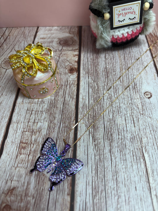 Sparkling Butterfly Rhinestone Pendant on a gold chain Necklace