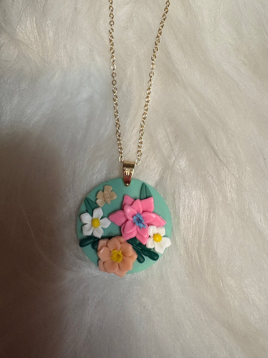 Round Floral Pendant on Gold Chain
