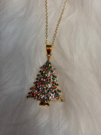 Rhinestone Christmas Tree Pendant Necklace – Gold Chain