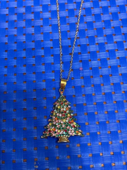 Rhinestone Christmas Tree Pendant Necklace – Gold Chain