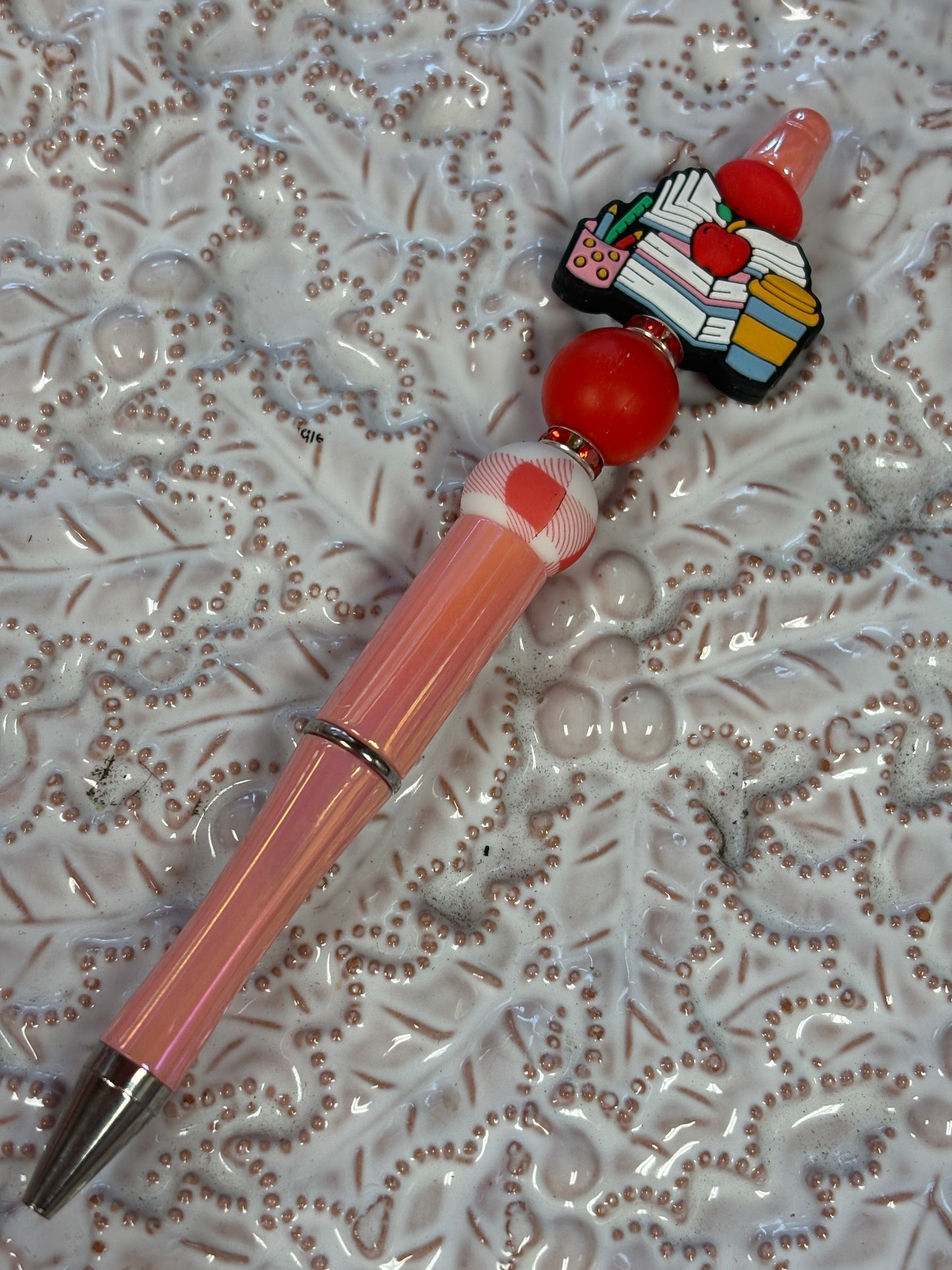 Teacher’s Desk Beadable Pen – Red & Pink Charm Pen