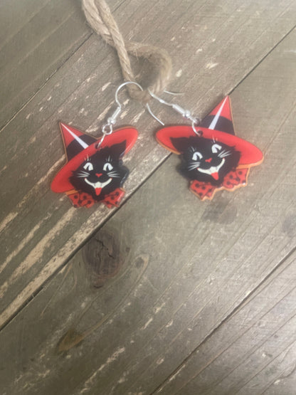 Spooky Black Cat Charm Wire Earrings