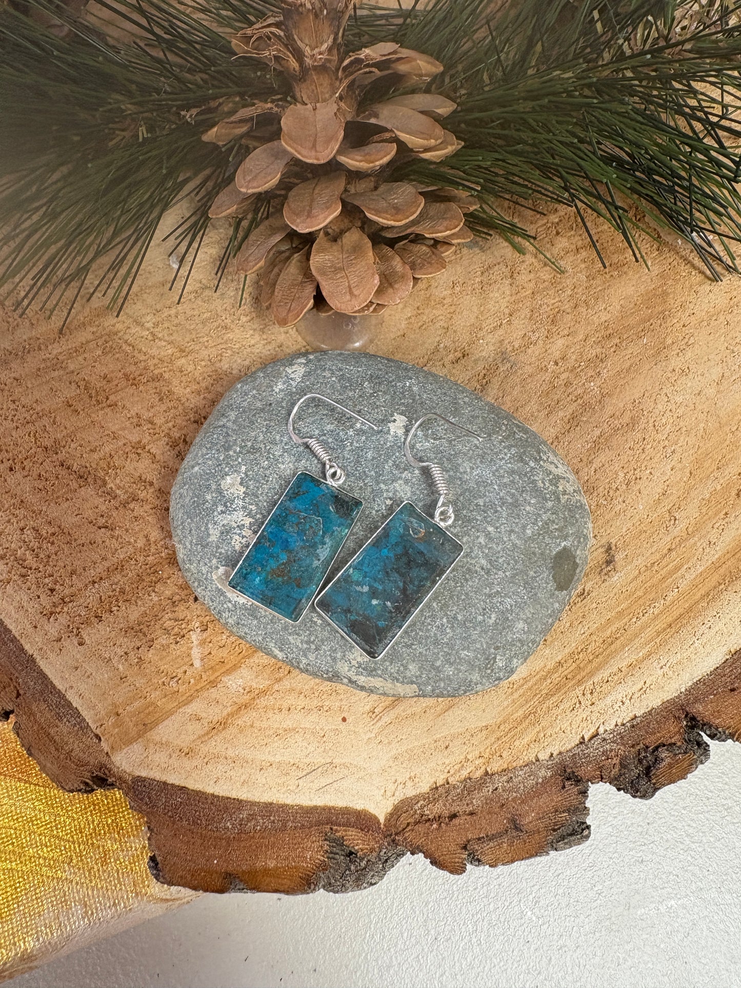 Natural Chrysocolla Gemstone Wire Earrings – Handcrafted with Silver Plating