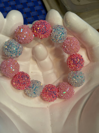 Pink & White Glitter Beaded Stretchy Bracelet