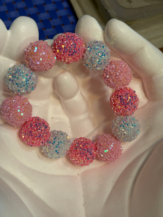 Pink & White Glitter Beaded Stretchy Bracelet