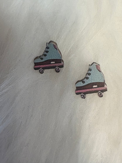 Retro Roller Skate Wooden Stud Earrings
