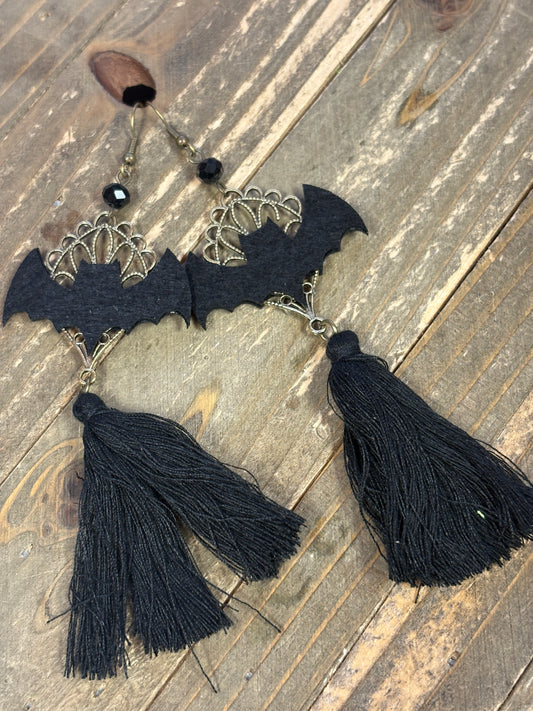Black Bat Tassel Wire Earrings – Gothic Halloween Statement Jewelry
