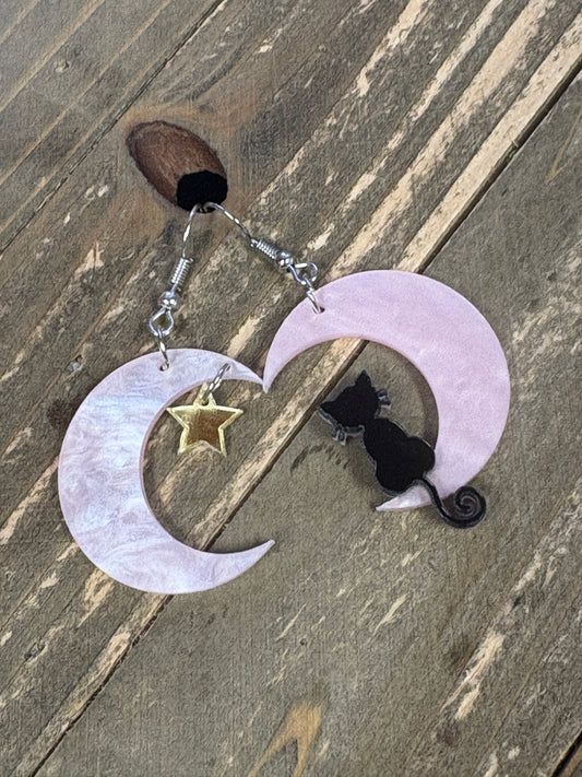 Moonlit Cat & Star Wire Earrings