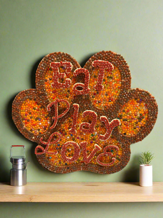 “Eat Play Love” Diamond Art Pawprint wooden home decor – Handmade Wooden Pet Lover Décor