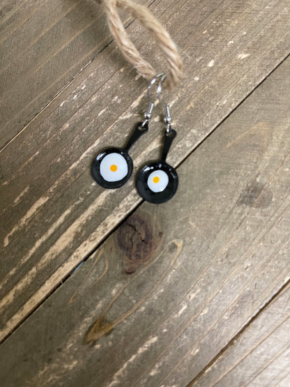 Frying Pan Egg Charms Wire Earrings