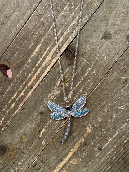 Sparkling Dragonfly Pendant Necklace on Silver Chain – 16"